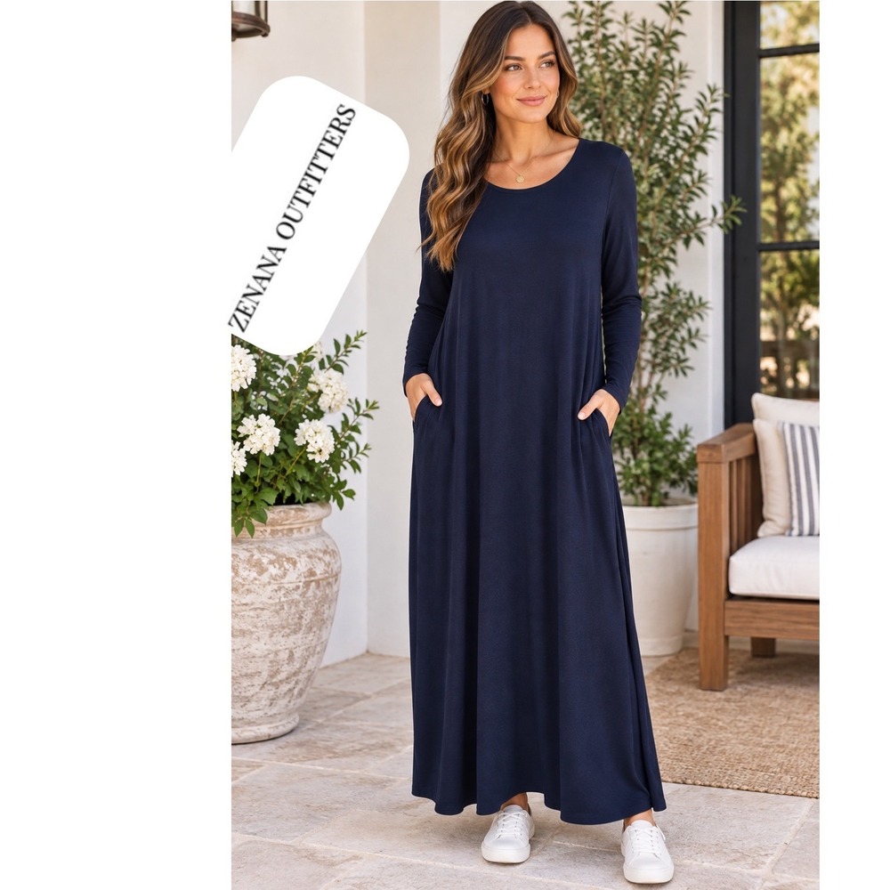 Zenana Outfitters Navy Blue Long Sleeve Maxi Dress with Pockets XL Vacation